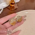 Elegant square stud earrings with amber gold crushed stone texture and S925 silver pin - Square Amber Style (A1166 Orange)