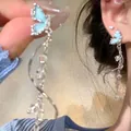 Elegant light blue butterfly drop earrings with zircon accents and 925 silver needle - Blue Butterfly Long Tassel Style (E6102 Silver)