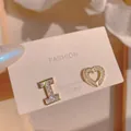 Elegant S925 silver asymmetric stud earrings with micro-paved crystals in heart and 'I' design - Asymmetric Letter I and Heart Style (E3294)