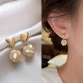 Elegant heart-shaped gold stud earrings with white floral bead cluster pendant for women - Heart with Cat Eye Stone Cluster Drop Earrings (A2219) / One Pair / Gold
