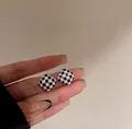 Elegant blue and white checkerboard square stud earrings with fine gold metal trim - Blue and White Checkerboard Square Style (E4609)