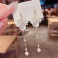 Elegant white flower dangle earrings with long pearl drop chains for stylish women - Long Tassel Petal Style (E1259) / One Pair / Gold