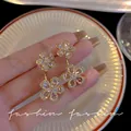 Elegant gold-tone flower drop earrings featuring clear sparkling crystals for women - Double Floral Rhinestone Style (E5573) / 1 Pair Pack / Gold