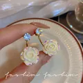 Elegant cream rose earrings with sparkling crystal studs and 925 silver needles - Crystal Rose Flower Stud Earrings (E6027) / One Pair / Gold