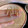 Elegant 925 silver needle heart hoop earrings with gold bar dangle charms for women - Heart Hoops with Cylindrical Pendants (E5877) / One Pair / Gold
