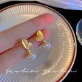 Elegant gold leaf pearl stud earrings with 925 silver needle for women jewelry - Gold Leaf Artificial Pearl Stud Earrings (E5911A) / One Pair / Gold