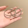 Silver textured large hoop earrings with geometric pattern engraving - Grid Texture Plain Hoop (A1634) / Silver