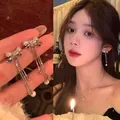 Elegant Korean style zircon bow-knot earrings with long tassels and pearls for women - Triple Chain Tassel Bowknot Pearl Style (A1403 Silver)