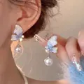 Elegant 925 silver needle butterfly stud earrings with drop pearls and zircon inlay - Gradient Rhinestone Butterfly Artificial Pearl Style (PD018银)