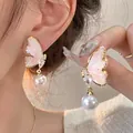 Exquisite pink butterfly drop earrings featuring elegant white pearls and zircon accents - Pink Butterfly Artificial Pearl Style (PD018粉)