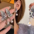 Elegant butterfly zircon stud earrings with hanging white teardrop pearl on silver needles - Butterfly Artificial Pearl Pendant Style (A1328 Silver)