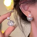 Elegant zircon pearl stud earrings with 925 silver needle for a sophisticated look. - Double Artificial Pearl Pavé Rhinestone Style (E4805 Silver)