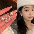 Elegant Korean style pearl earrings with sparkling zircon snowflake pendant for women - Pearl Snowflake Front and Back Style (A2063) / Silver