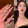 Elegant Korean style earrings with square stone and pearl hoop design - Geometric Ring Socialite Style (A2190 Gold) / Gold