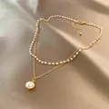 Detail of elegant double-layered vintage pearl necklace with gold-tone chain and pendant - Vintage Double-Layer Pearl Style (B028金) / Gold