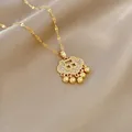 Vintage gold lock pendant necklace with sparkling zircons and small gold bead dangles. - Chinese Long-Life Lock Pendant Style (X665金) / Gold