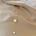 Vintage layered gold necklace with pearls and white camellia flower pendant on silk - Camellia Flower Pearl Style (X1127金) / Gold