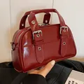 Retro glossy wine red small square handbag for women with buckle details - Red