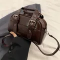 Vintage glossy dark brown box handbag with adjustable shoulder strap for women - Coffee