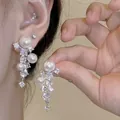 Elegant S925 silver needle long tassel earrings featuring pearls and rhinestones. - Pearl Square Rhinestone Tassel Style (A506) / Silver