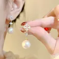 Elegant S925 silver needle drop earrings with sparkling crystal flower and round pearl - Snowflake Pearl Tassel Style (A1673) / Gold