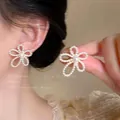 Elegant white pearl flower stud earrings featuring a romantic floral spring design - Artificial Pearl Flower Style / White