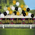 Happy Birthday party decorations with fringe curtain banner and balloon arch set - Text Style / 30x270cm / Black