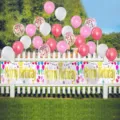 Happy Birthday foil fringe banner on a white fence with colorful balloons outdoors - Text Style / 30x270cm / White