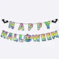 Iridescent Halloween banner garland featuring Happy Halloween text with pumpkin and bats decor - Laser Banner