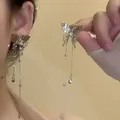Elegant asymmetric butterfly tassel drop earrings with sparkling crystals for women - Hollow Butterfly Tassel Style (A1622) / Silver