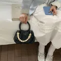 Elegant black pleated cloud handbag with unique bead chain handle for stylish women - Black With Rabbit Pendant / Black