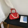 Stylish red pleated cloud handbag featuring a chunky decorative bead chain strap - Red with Pendant / Red