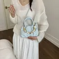 Light blue pleated cloud handbag with decorative bead strap and circular handles - Blue with Pendant / Blue
