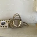 Stylish khaki pleated cloud handbag featuring a chic marbled beaded handle strap - Khaki With Rabbit Pendant / Khaki