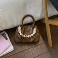 Chic brown pleated cloud handbag with decorative marble beads for fashion women - Brown with Pendant / Brown