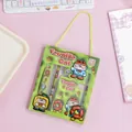 Grünes Kinder-Schreibwaren-Set mit Katzenmotiv inklusive Lineal Bleistift und Block - Cartoon Katze / 6er Set