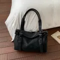 Elegante schwarze Vintage-Leder-Tragetasche mit großem Fassungsvermögen für Damen - Ohne Anhänger / Schwarz