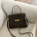 Premium dark brown suede shoulder bag with gold hardware and top handle for women's style - S / Coffee