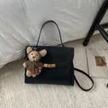 Elegant black crossbody handbag for women featuring a cute plush bear charm. - With Pendant / S / Black