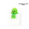 Cute 3D printed green strawberry little man character figure sitting on white cube - Strawberry Man / Summer Series