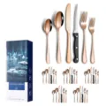 36-piece rose gold stainless steel silverware set with an elegant blue gift box. - 36 Pieces Set / Rose Gold