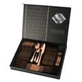 Détail du service de couverts en acier inoxydable or rose dans son coffret cadeau noir - Ensemble de 48 pièces / Or rose