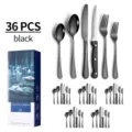 Professional 36-piece black stainless steel cutlery set including knives, forks and spoons - 36 Pieces Set / Black