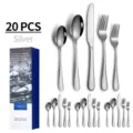 Detailed view of 20-piece silver stainless steel cutlery set including knife fork and spoon - 20-Piece Set / Silver
