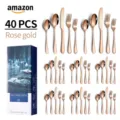 40-piece rose gold stainless steel cutlery set neatly arranged next to its blue gift box - 40pcs Set / Rose Gold