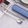Portable 304 stainless steel cutlery set with silver spoon, chopsticks and blue case - 2-Piece Set (Spoon/Chopsticks) / 304 Stainless Steel / Blue Case