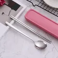 Portable 304 stainless steel spoon and chopsticks cutlery set in a pink storage box - 2-Piece Set (Spoon/Chopsticks) / 304 Stainless Steel / Pink Case