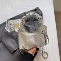 Metallic silver cloud bag with ruffled handle and chain strap - No Pendant / Silver