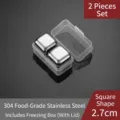 Set mit 2 wiederverwendbaren quadratischen 304 Edelstahl-Eiswürfeln mit Aufbewahrungsbox. - Mit Box / Kapazität für zwei Stück