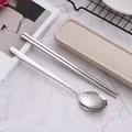 Portable stainless steel cutlery set with silver spoon and chopsticks in a beige case - 2-Piece Set (Spoon/Chopsticks) / 410 Stainless Steel / Beige Case